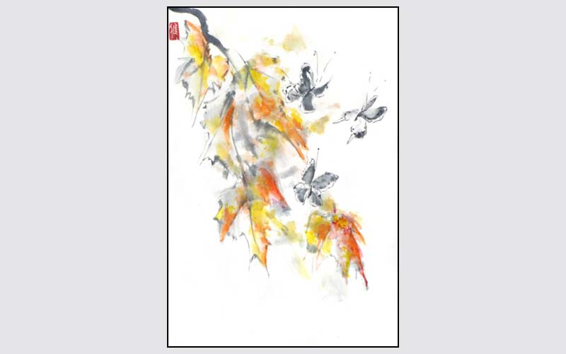 ROSLYN LEVIN SUMI-E BUTTERFLIES AND FALL MAPLE II