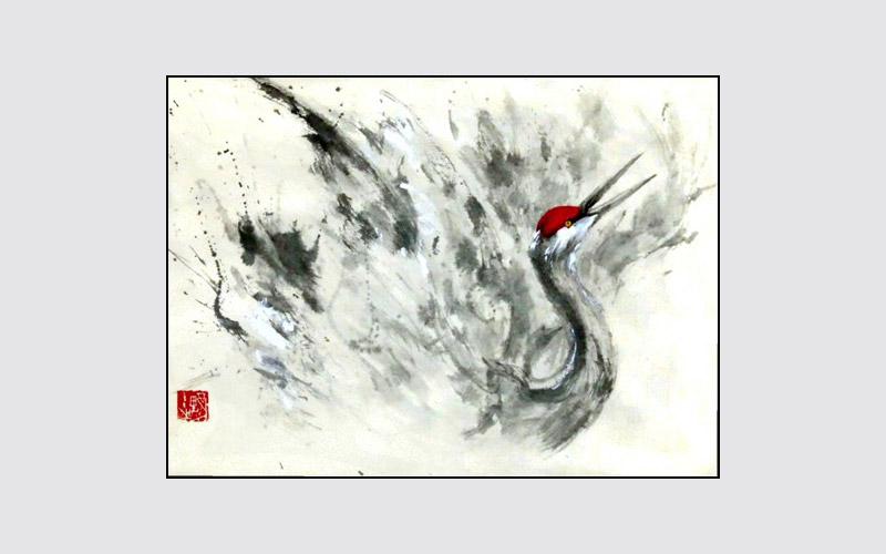 ROSLYN LEVIN SUMI-E SANDHILL CRANE'S WILD CALL